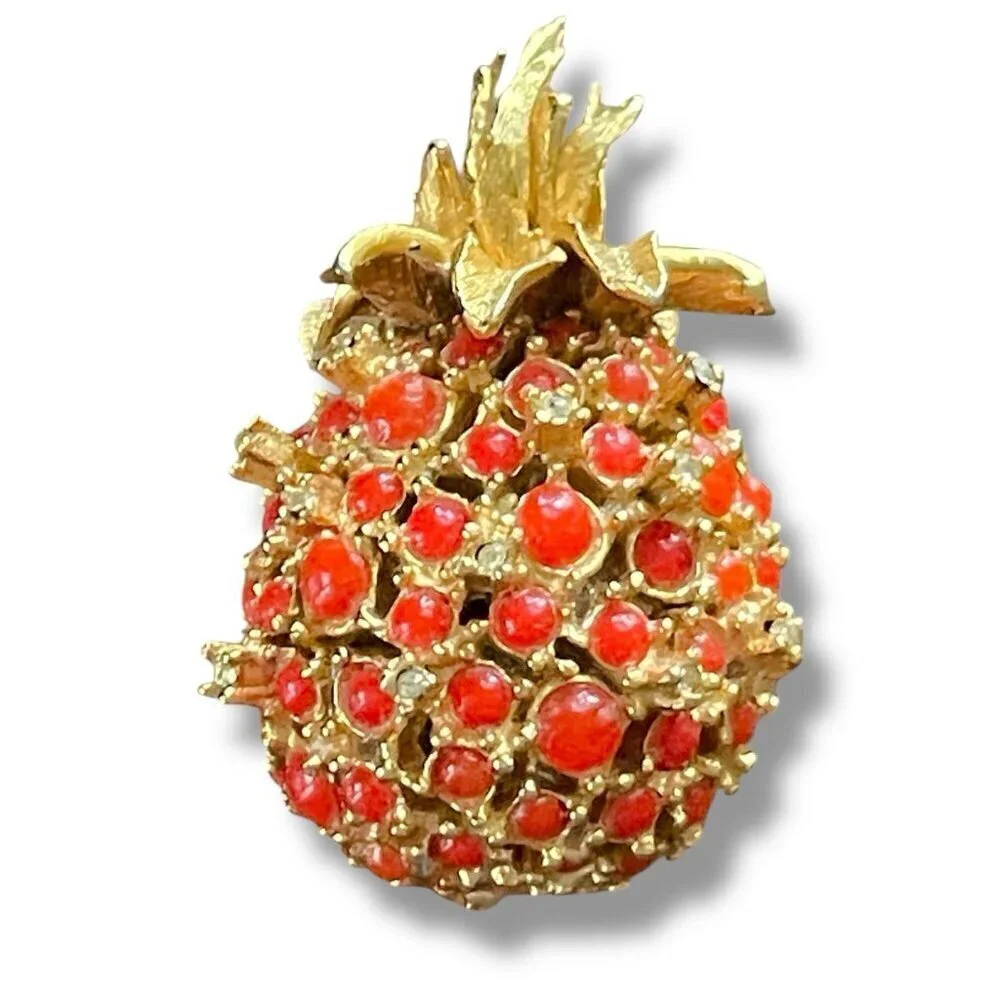 Vintage Alice Caviness Pineapple Brooch Gold Tone Faux Coral Rhinestone Pin